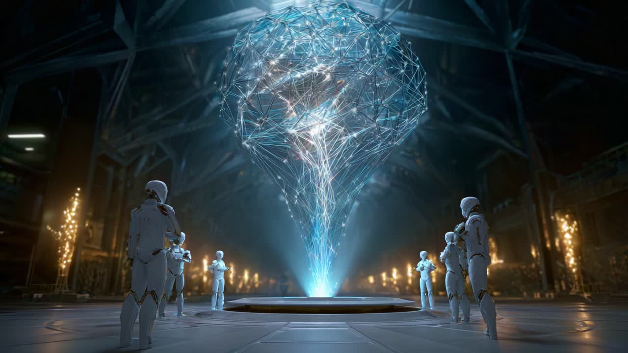 Robot futuristici che circondano un flusso di dati luminoso in un paradiso tecnologico, che mostrano concetti avanzati di IA e connettività digitale in un ambiente enigmatico