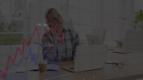 animation of statistics processing over businesswoman using laptop