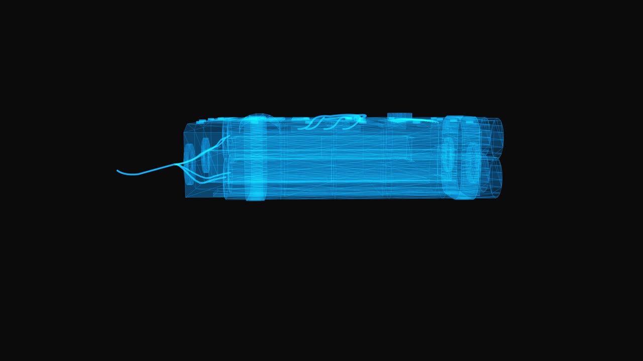 Explosives dynamite wireframe scheme. 3d render with blue grid lines. Loop rotation on black background.