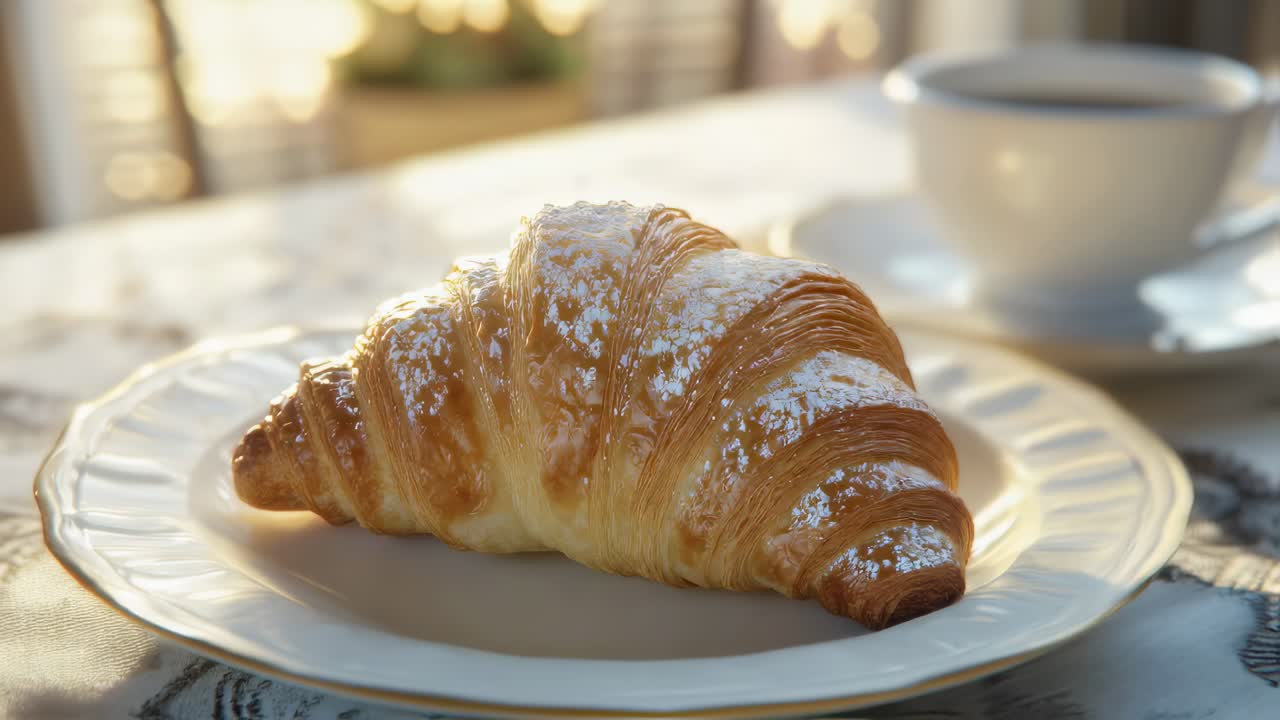 Golden brown croissant dusted with powdered sugar sits on a white plate, accompanied by a cup of coffee, creating a classic breakfast scene