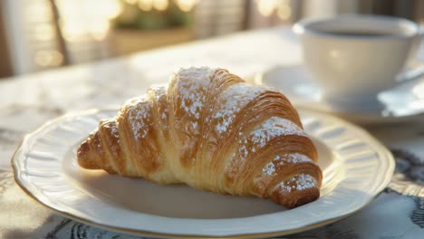 golden brown croissant dusted with powdered sugar sits on a white plate, accompanied by a cup of coffee, creating a classic breakfast scene