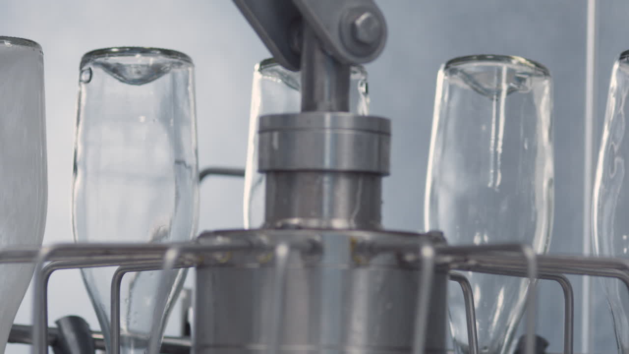Factory clip showing the automated washing of glass bottles one by one with water, as part of the preparation process before filling.