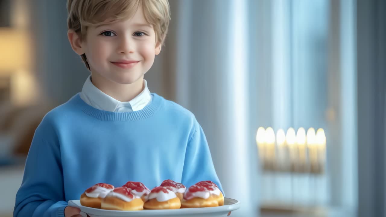 At home during Hanukkah, a jewish boy holding a tray of donuts with strawberry jam