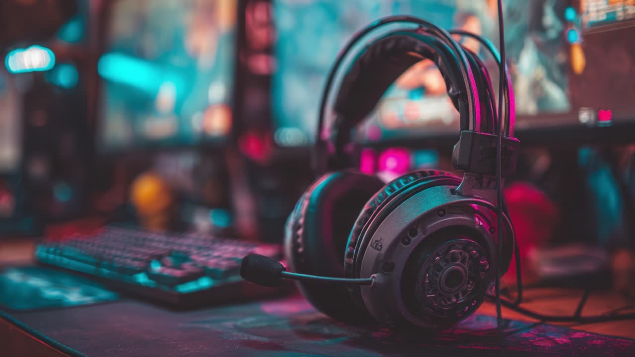 A Close-Up View of a Stylish Gaming Headset Resting on a Desk Surrounded by Dual Monitors Illuminated with Vibrant Colors Ideal for Gamers and Streamers