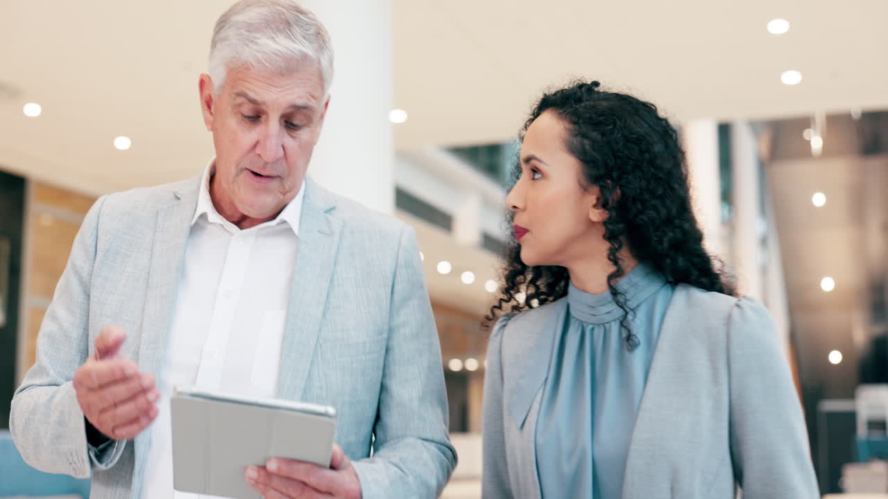 Businessman, woman and tablet in team discussion