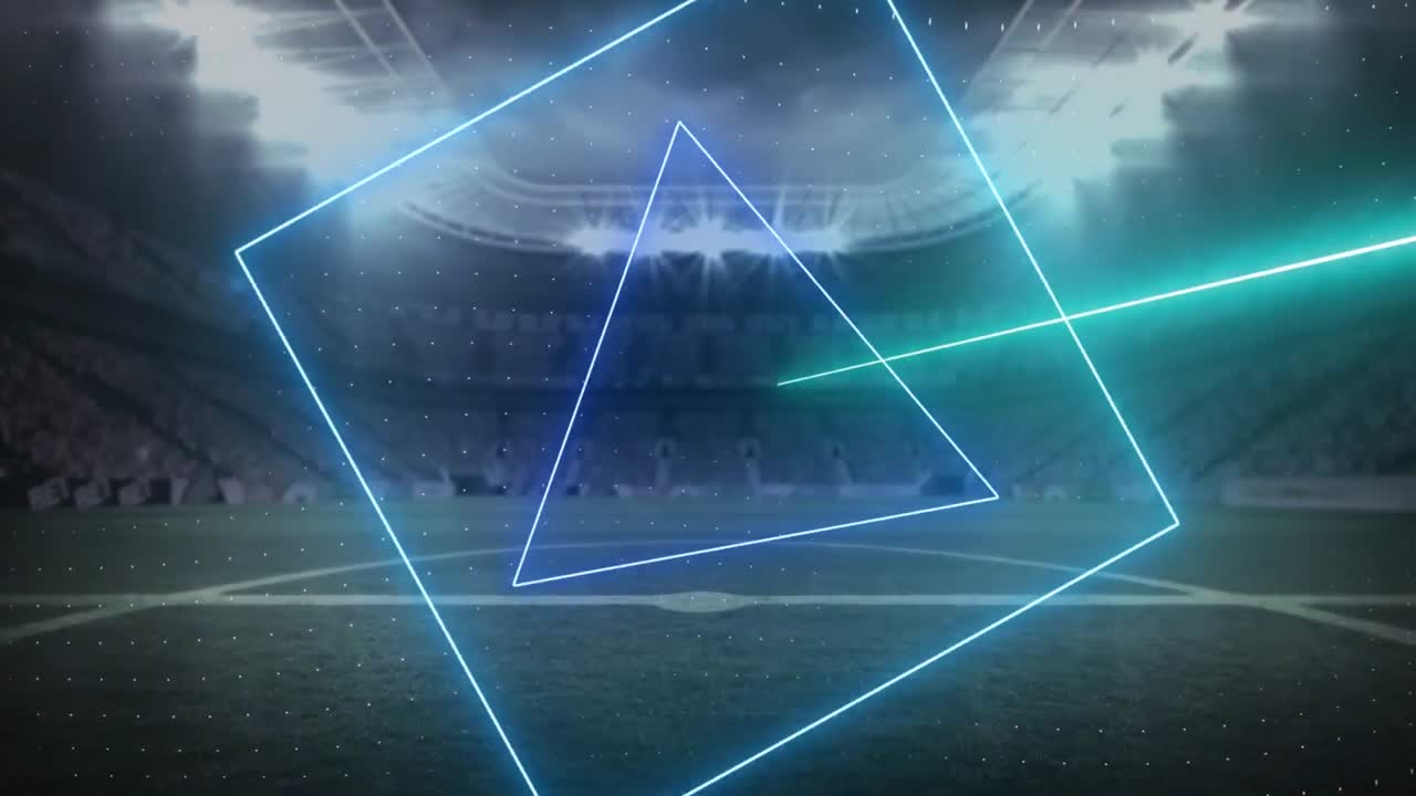 animación de un escáner de neón púrpura que procesa datos sobre un estadio deportivo iluminado