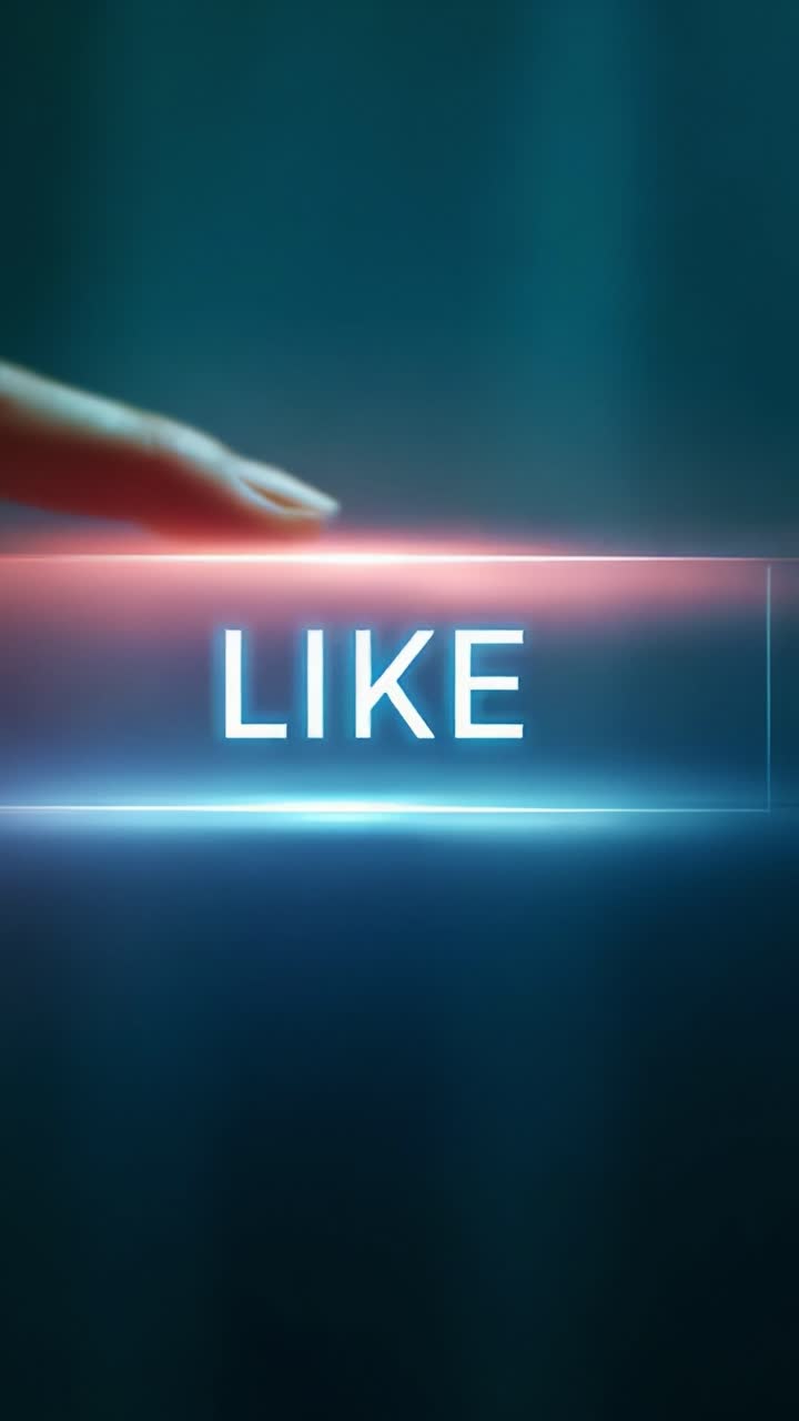 Engaging with Technology: A Visual Journey of a Hand Reaching Towards a Themed 'Like' Button on a Glowing Screen, Exploring Interaction and Digital Connection in a Modern Age