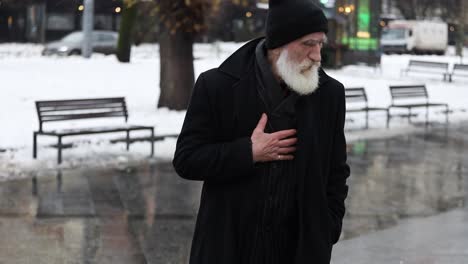 An Elderly Man in a Black Coat Walks through a Snowy Street Reflecting this Video Shows an Elderly Bearded Man in a Black Coat and Hat Walking through a Snowy Street Reflecting on Life Amidst a Peaceful Winter Scene