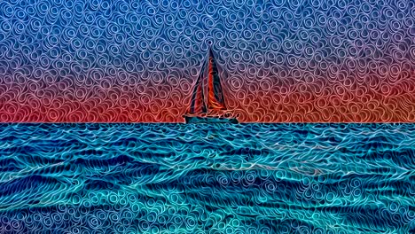 Künstlerische-Spiralförmige-Farbige-Animation-Eines-Kleinen-Yachtbootes,-Das-Bei-Sonnenuntergang-Segelt