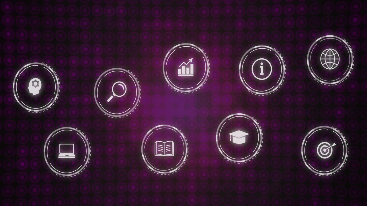 Animation of business icons over purple spots on black background