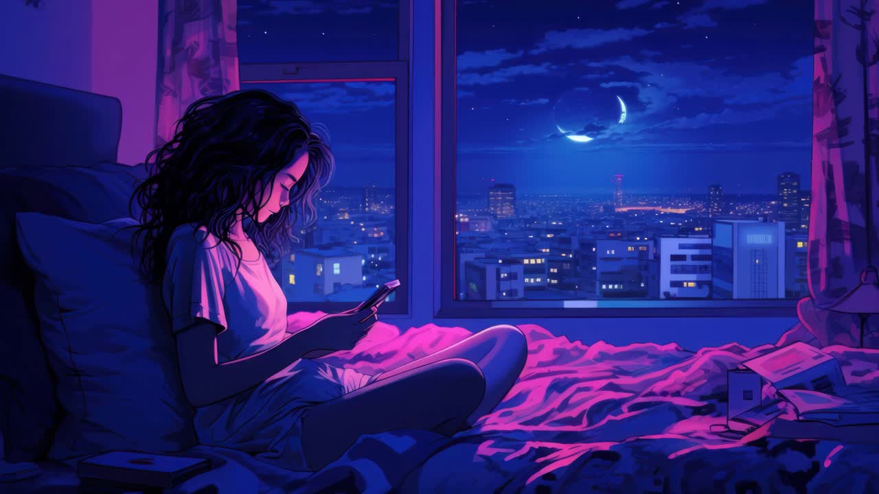 Una escena nocturna serena de una mujer en silueta, sentada en una cama, iluminada por la luz de la luna.