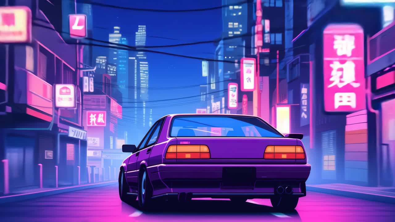 Retro-futuristic cityscape with a low-angle view of a car on a neon-lit street, reminiscent