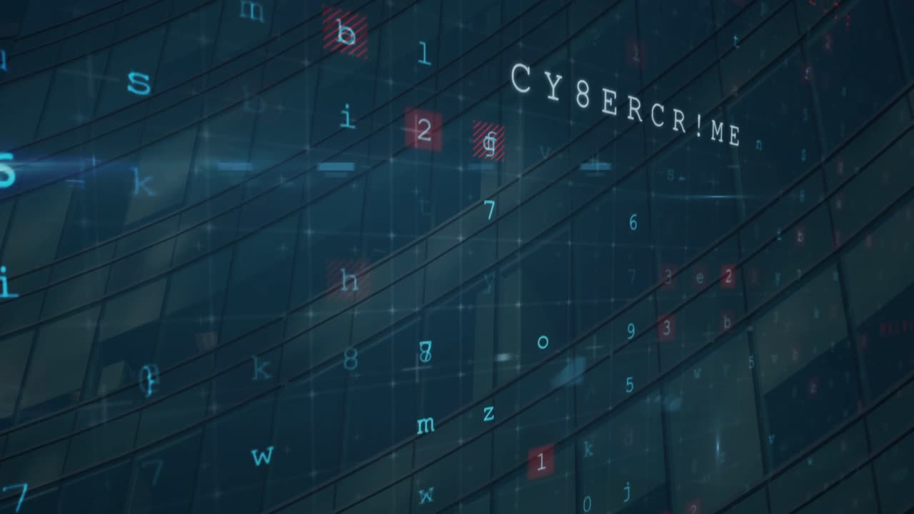 animación del procesamiento de datos de ataques cibernéticos sobre el fondo de un edificio moderno