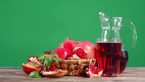 pomegranate juice and pomegranates in basket rotate slowly.