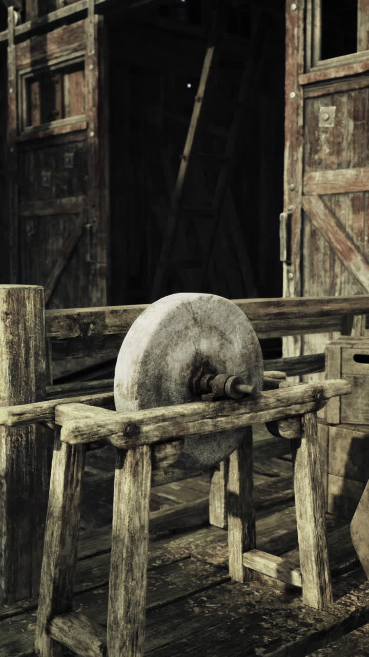 Rustic grinding stone at an old workshop in a rural setting