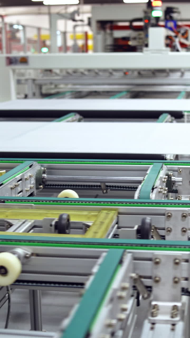 Modern automated solar energy production. Factory producing solar panels. Industrial robotic machinery working on a solar panel plant. Vertical video