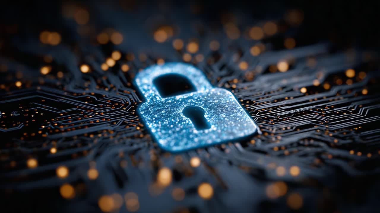 Digital Security: A Close-Up View of a Glowing Lock Symbol on a Circuit Board, Representing Cybersecurity in the Modern Technological Era