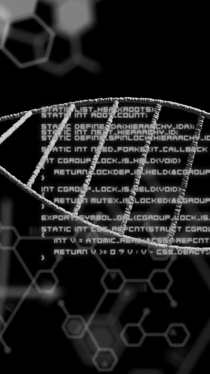 Animation of dna strand with chemical formula and data processing on black background