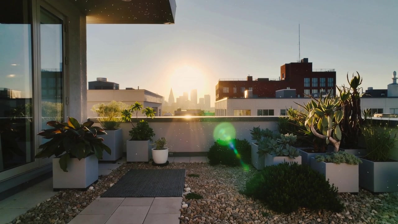 Disco solare che appare sopra lo skyline al tramonto, proiettando un flare verde sulle fioriere della terrazza sul tetto.
