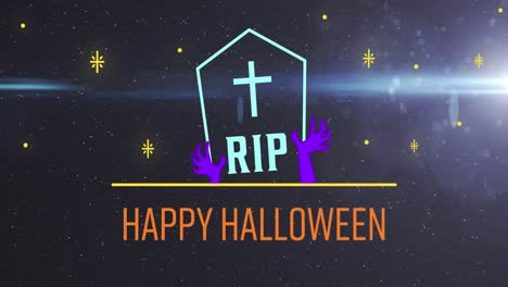 Animation-of-happy-halloween-and-rip-text-on-tombstone-with-stars-and-full-moon-on-black-background