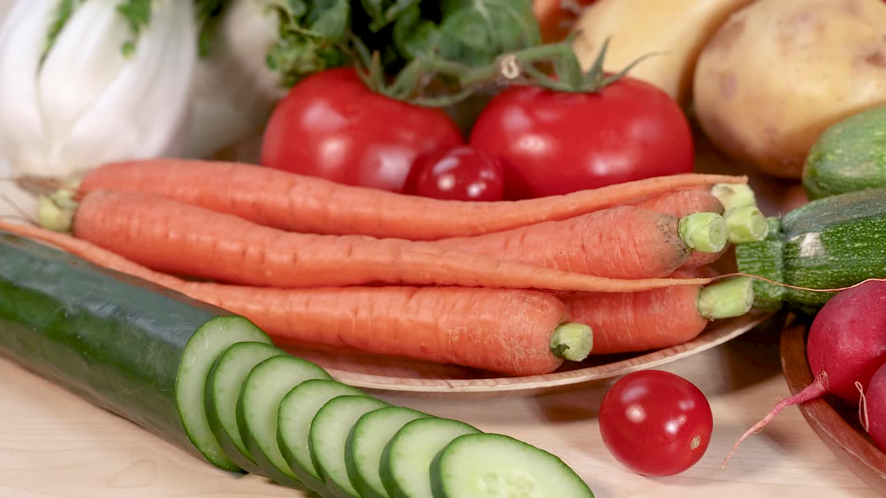 자연의 색과 질감을 보여주는 시각적으로 매력적인 구성으로 배열된 신선한 채소의 활기찬 품종