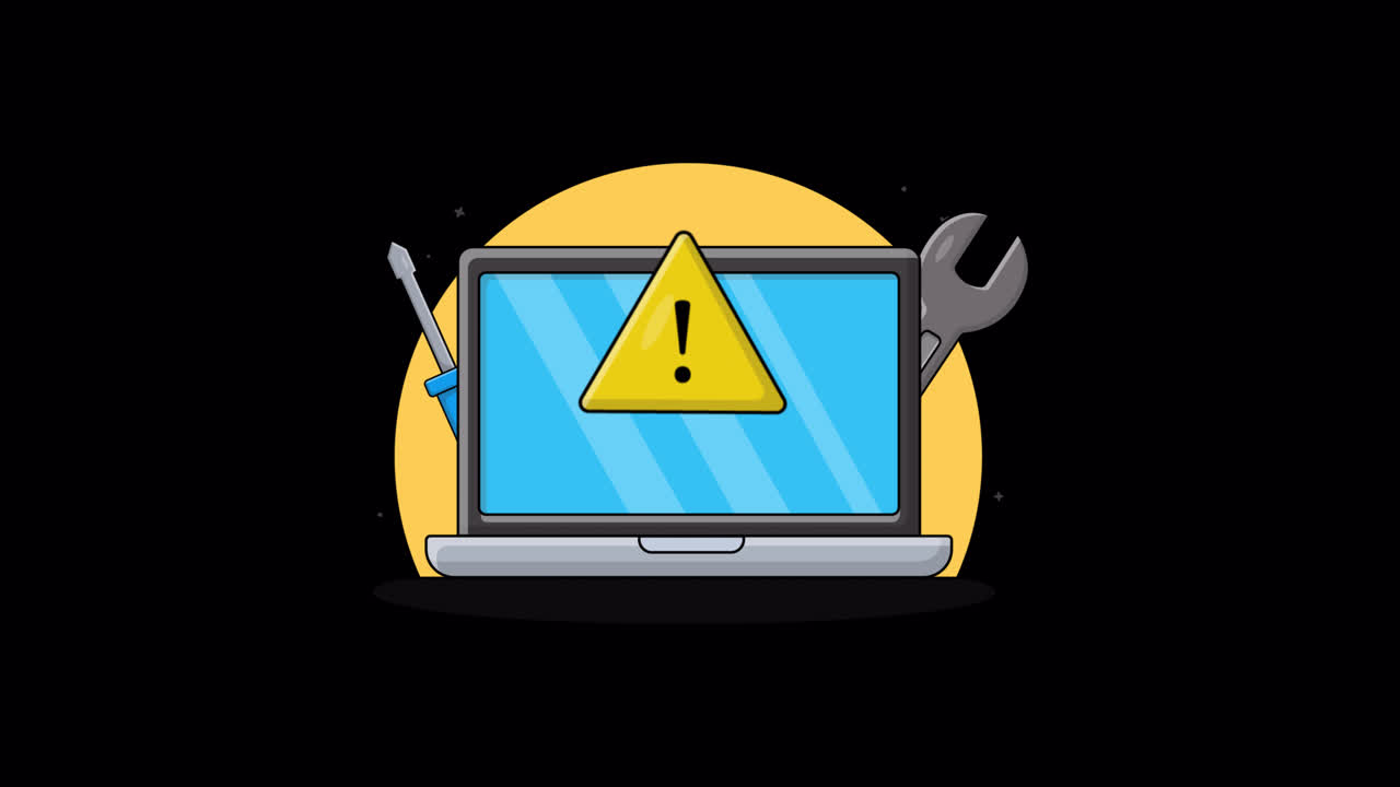 Animated Laptop with Warning Sign and Repair Tools