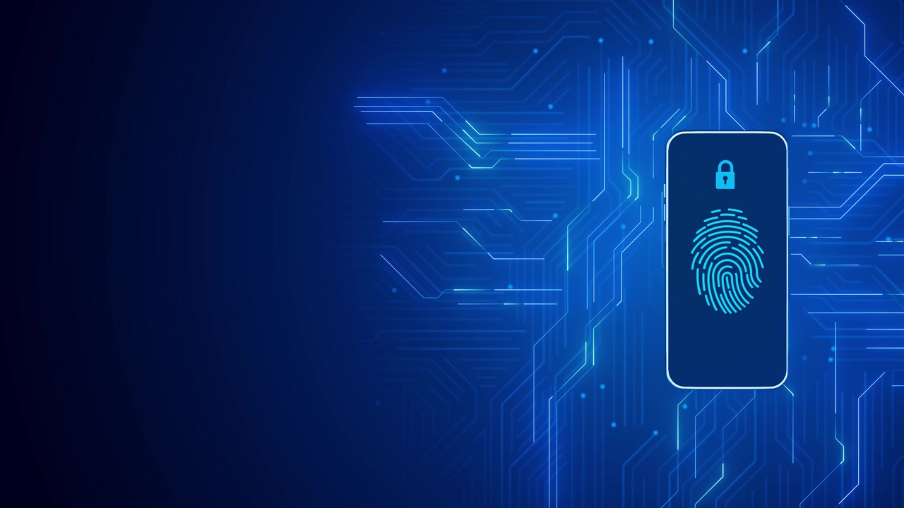Blue biometric phone access visual with fingerprint symbol lock icon circuit paths and clean dark