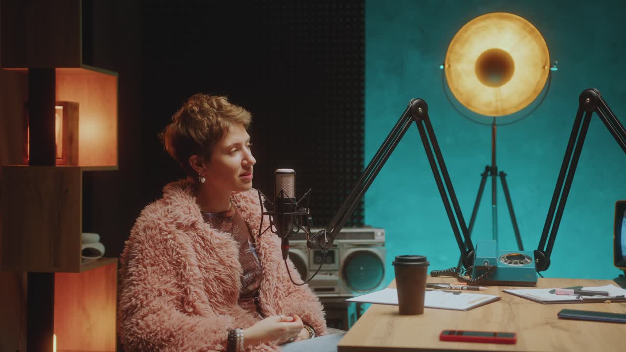 Young Guy Giving Interview to Female Podcast Host in Modern Recording Studio