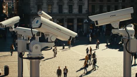 surveillance cameras overlooking crowded urban square: a look at public safety technology in action as pedestrians navigate the busy streets below