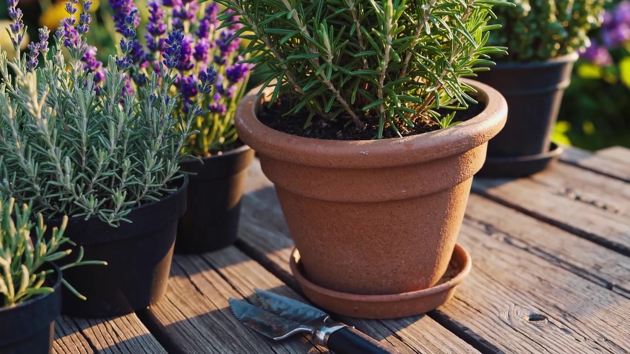 Rosmarin- og lavendelplanter i potter på et hagebord i tre
