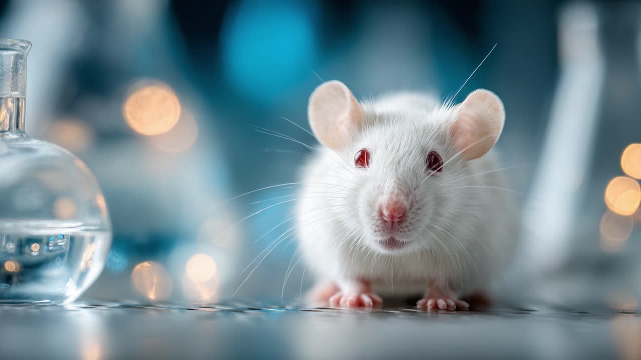 Close-Up of a White Laboratory Mouse Surrounded by Scientific Equipment in a Brightly Lit Research Environment