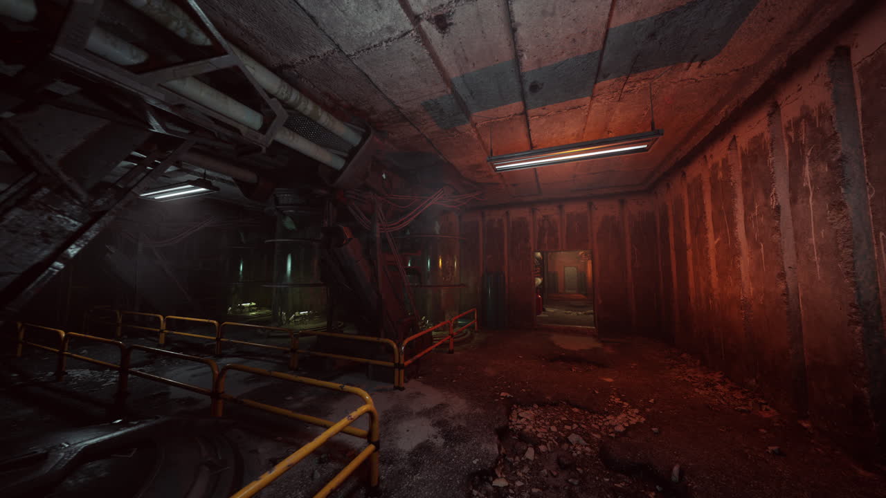 Neglected bunker hallway filled with ominous red glow and debris