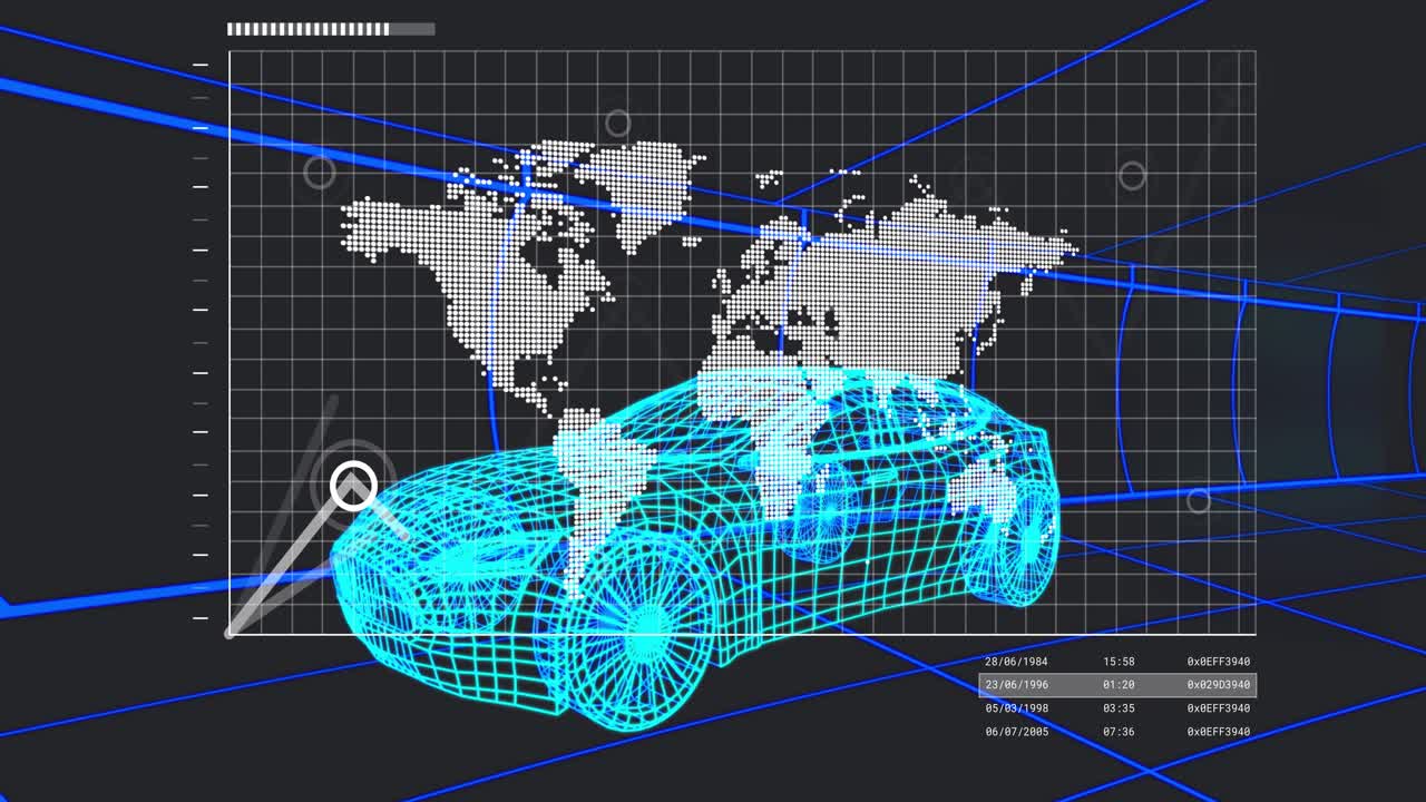 Progress bar filling leading wireframe car and map showing data nodes, graph showing performance