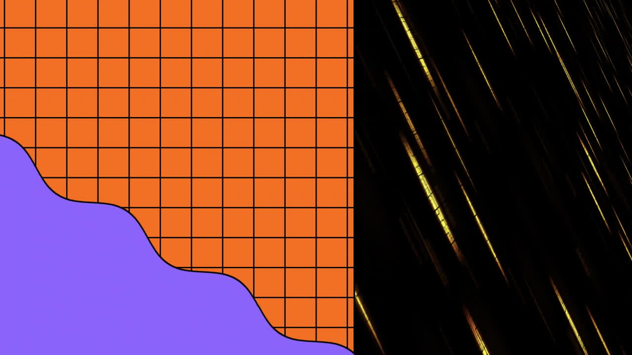 Purple wave animation beside dark abstract streaks on orange grid pattern