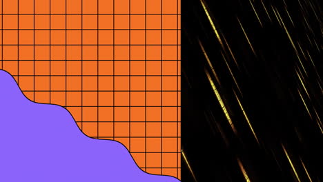 purple wave animation beside dark abstract streaks on orange grid pattern