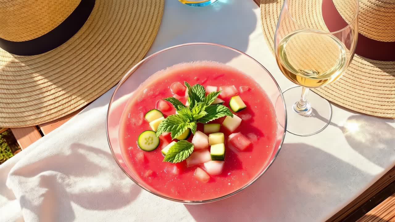 Refreshing watermelon salad featuring mint and cucumber is beautifully arranged in a bowl on a sunny outdoor table, accompanied by a glass of white wine and straw hats, creating a vibrant summer scene