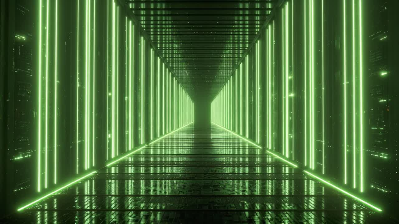 A Futuristic Neon Tunnel in a Digital Environment, Featuring Glowing Green Lights and an Infinite Perspective, Creating an Immersive High-Tech Experience