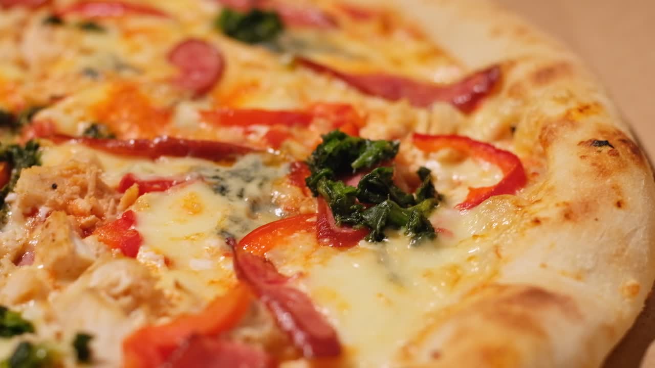 Close up view from above of pizza in warm light