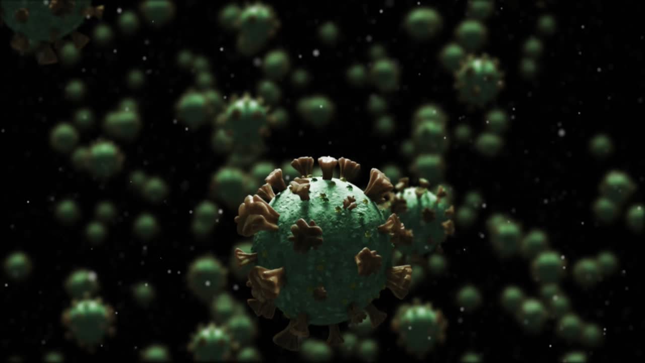 múltiples células de covid-19 que se mueven contra un fondo negro