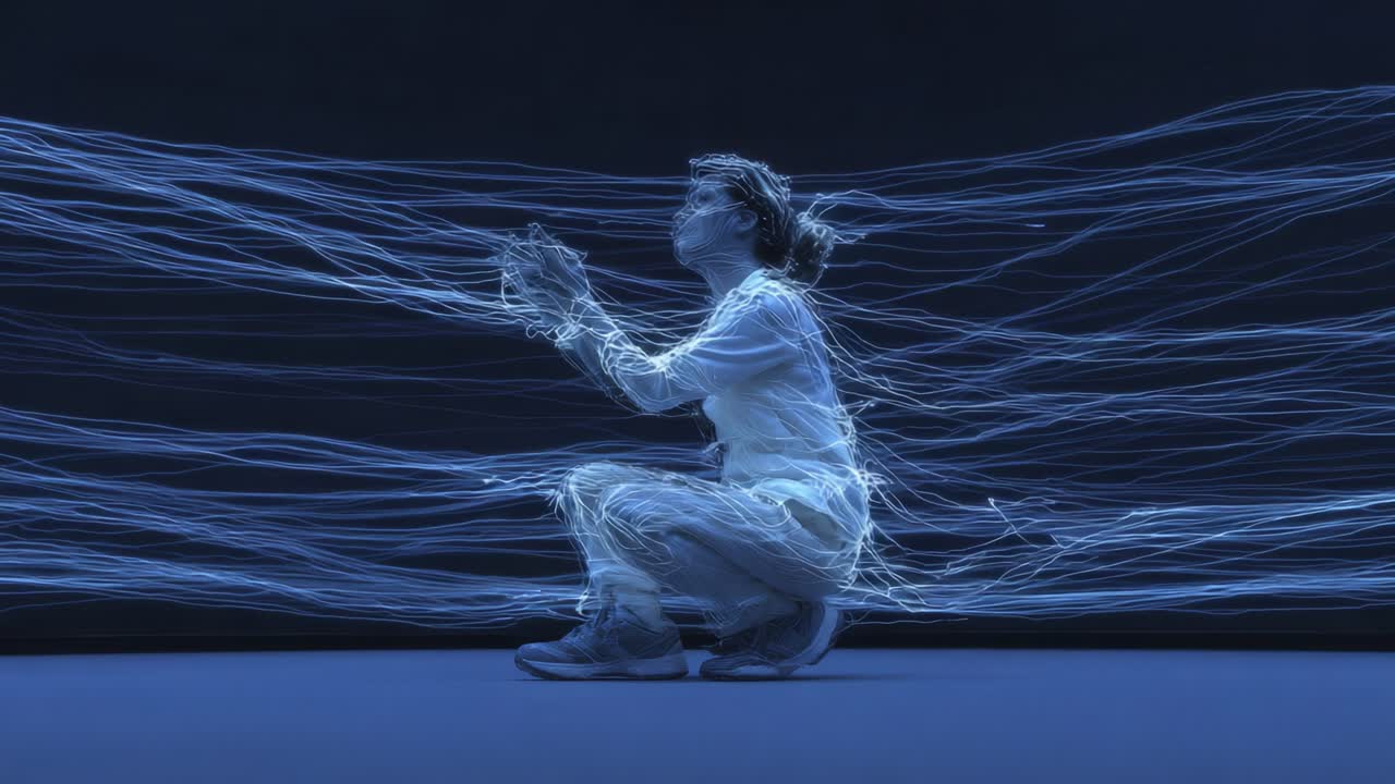 A Dynamic Display of Motion: Capturing the Essence of Kinetic Energy Through Artistic Expression and Ethereal Lighting, Showcasing Fluid Movement and the Beauty of Human Motion Within an Abstract Framework