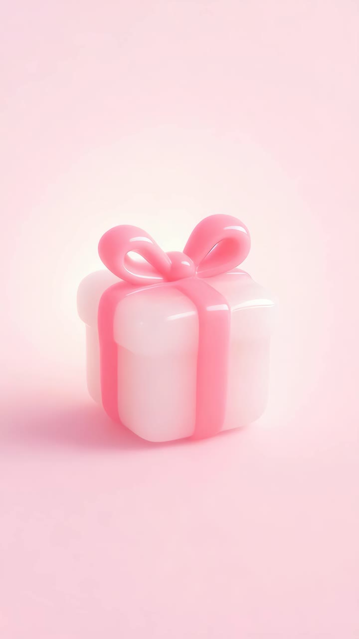 A pastel pink and white gift box with a bow, shot from a low angle