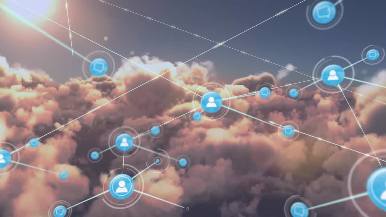 animación de una red de iconos digitales contra nubes y sol en el cielo