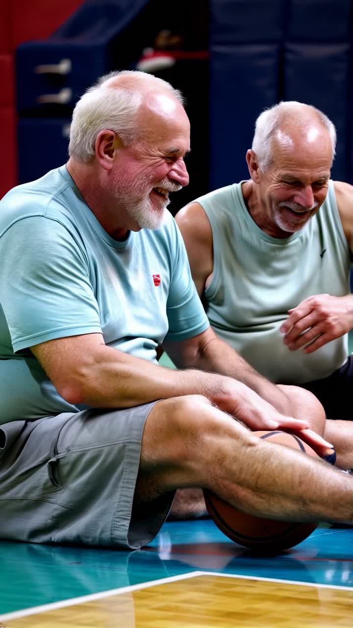 Two senior men are sitting on the floor in a gym, one of them holding a basketball