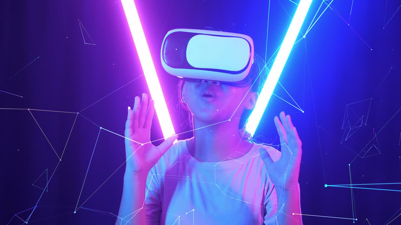 Vr, Futuristic, Entertainment Concept. Excited Asian Young Girl Using Virtual Reality Headset With Neon Light At The Background