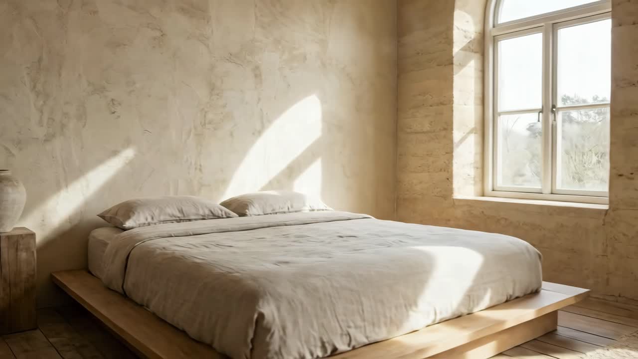 Interni camera da letto minimalista con luce naturale e finestra ad arco