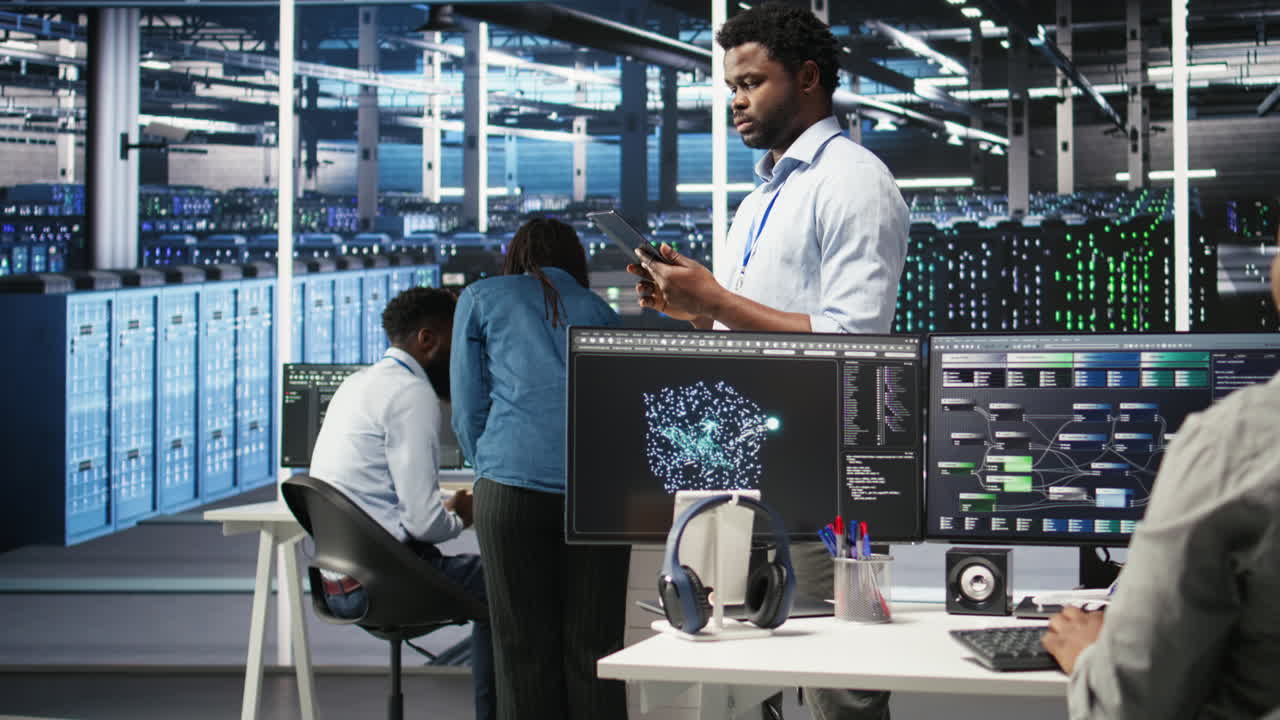 Data center technician using tablet to do node tree programming