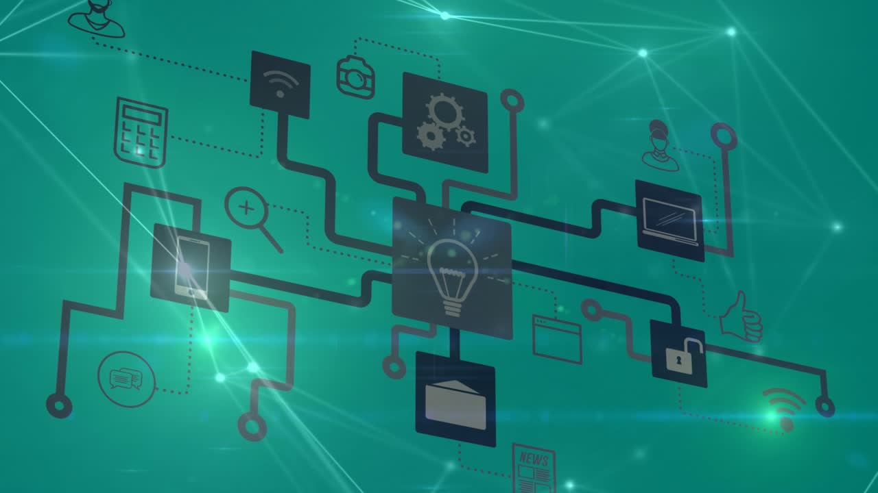Animation of network of connections with icons on green background