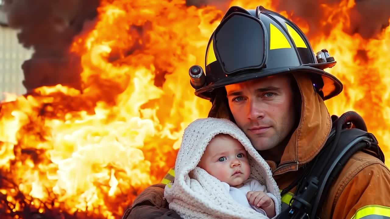 Strażak trzymający dziecko przed pożarem