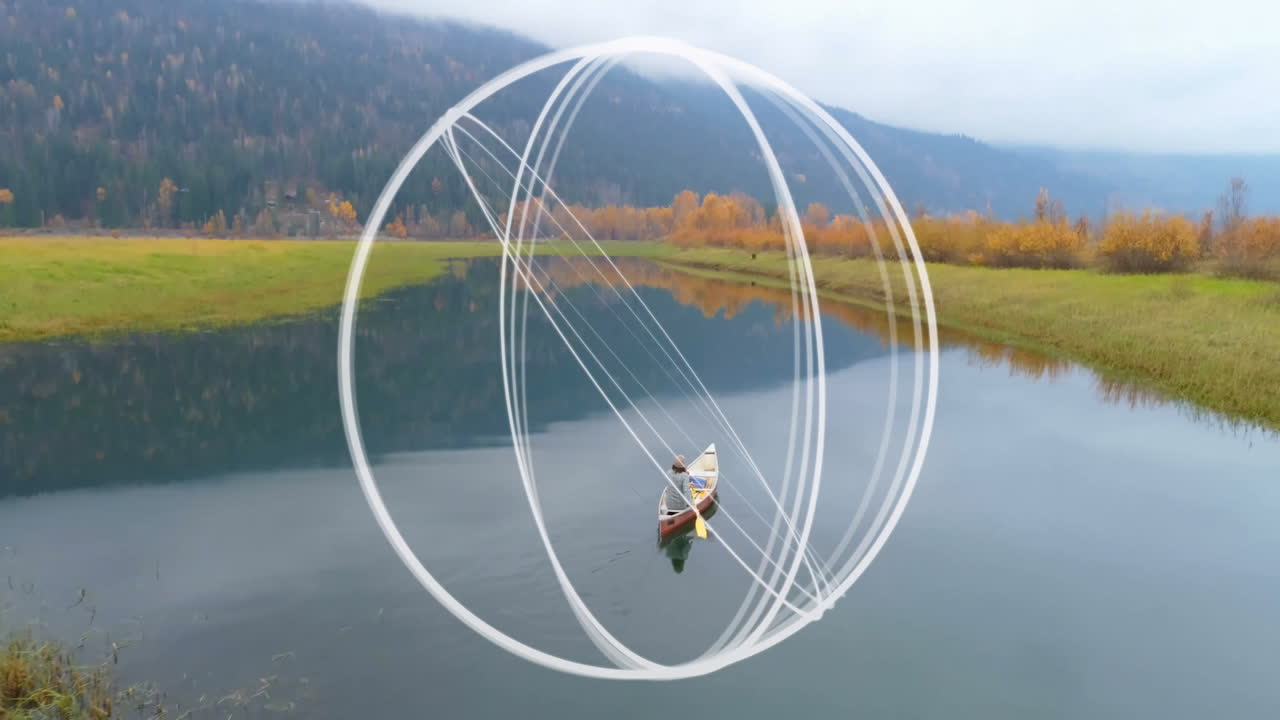 Boat on calm lake with geometric animation over autumn landscape
