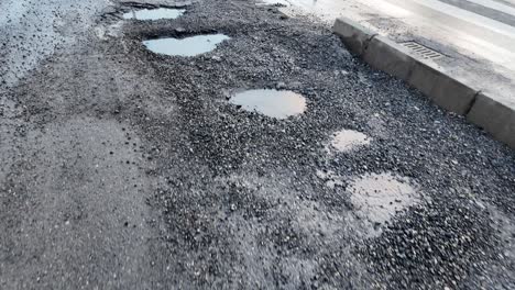 potholes and puddles on a road